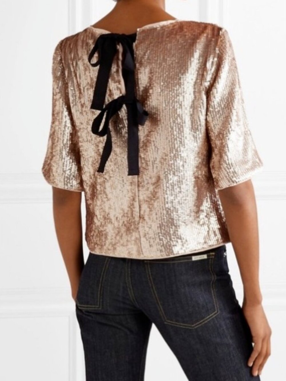 J. Crew Sequin Top in Rose Gold with Ribbon Tie Back Size 0 NWT